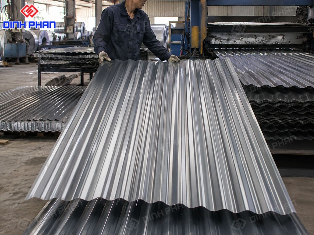 Cắt tôn tấm BMT công nhân đang kiểm tra và sắp xếp tôn sóng sau khi gia công.