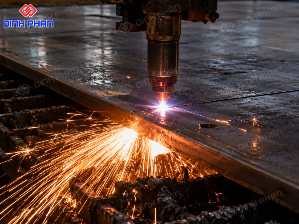 Máy CNC plasma đang cắt tôn tấm, tạo đường cắt sắc nét và chính xác.