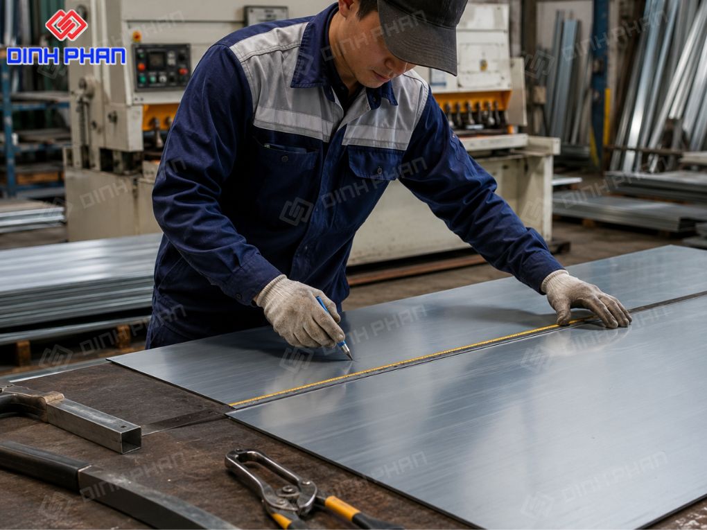 Công nhân đang đo và đánh dấu kích thước trước khi cắt tôn tấm.
