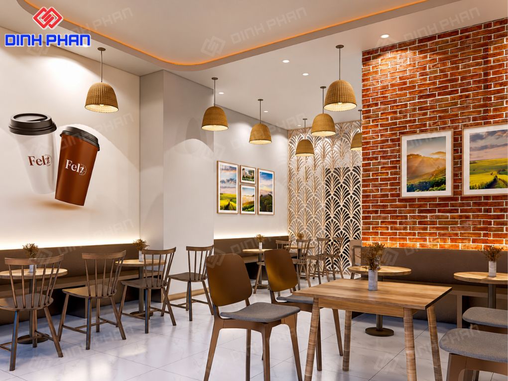 Không gian quán cafe ấm cúng, nổi bật với tường gạch đỏ và nội thất gỗ hiện đại