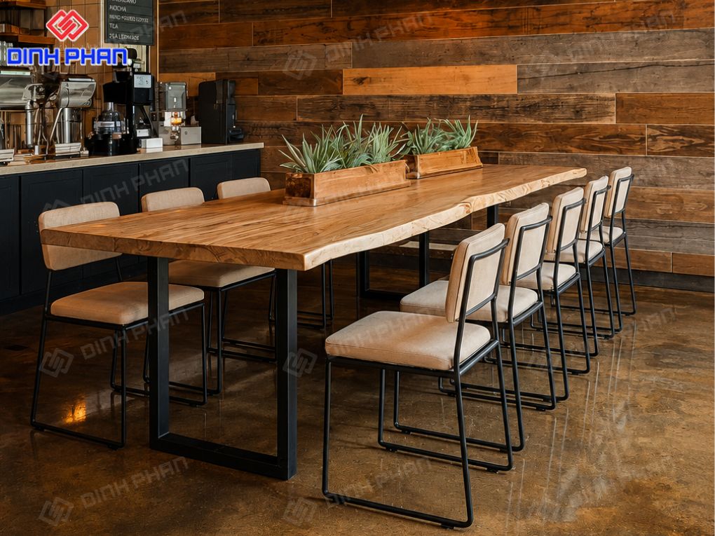 Mẫu bàn ghế cafe gỗ kết hợp khung sắt, phù hợp không gian quán phong cách mộc mạc