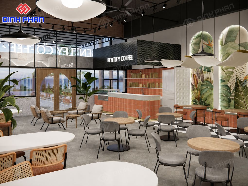 Thiết kế quán cafe rộng rãi, hiện đại với bố cục mở và nhiều góc ngồi thoải mái