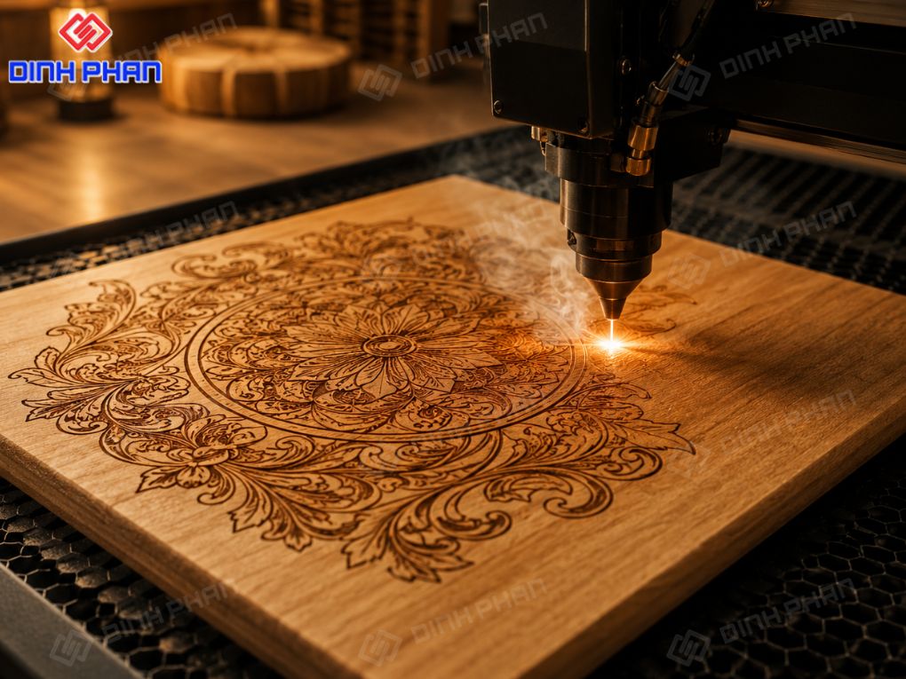 Khắc laser hoa văn tinh xảo trên bề mặt gỗ, tạo đường nét sắc nét và thẩm mỹ cao