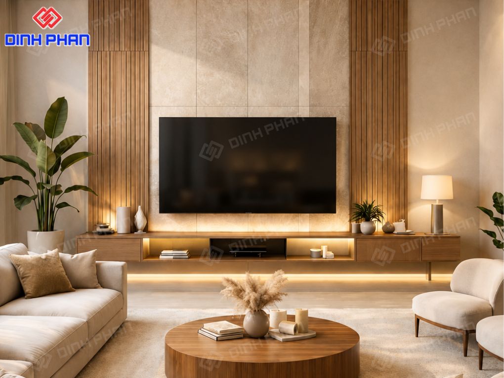 Thiết kế phòng khách hiện đại với kệ tivi gỗ sang trọng, tinh tế