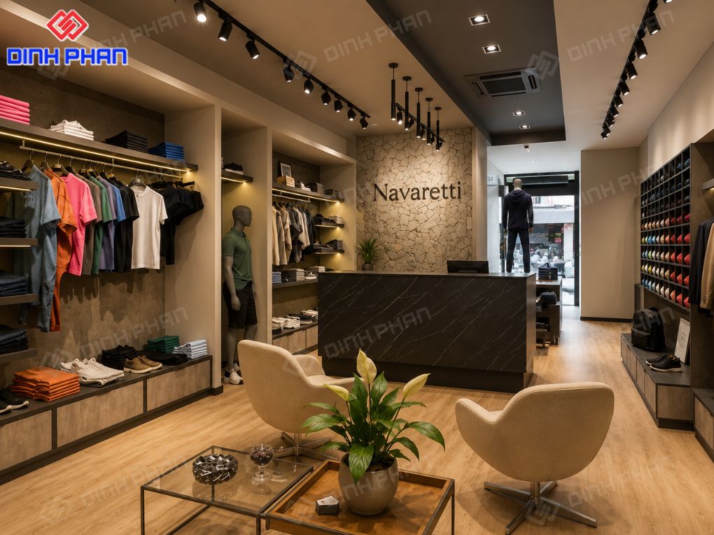 Thi công shop Đắk Lắk. Shop nam hiện đại, trưng bày gọn gàng