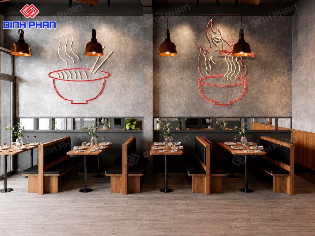 Thiết kế nhà hàng Đắk Lắk đẹp, tối ưu không gian Không gian nhà hàng hiện đại với điểm nhấn đèn neon