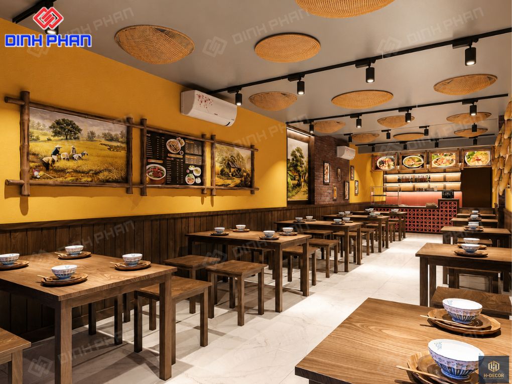Thiết kế nhà hàng Đắk Lắk đẹp, tối ưu không gian Nhà hàng bàn ghế gỗ và không gian ấm cúng