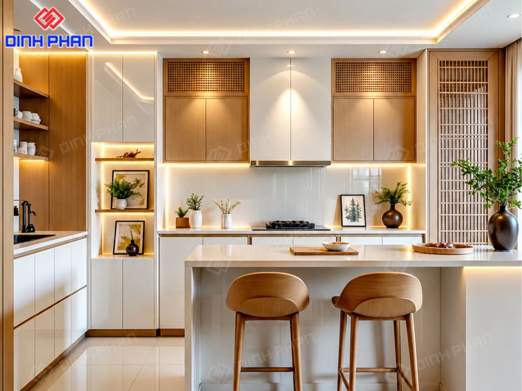 Thiết kế nội thất nhà Đắk Lắk đẹp, giá rẻ và phù hợp thực tế Không gian bếp hiện đại với hệ tủ gỗ sáng màu khi thiết kế nội thất nhà Đắk Lắk