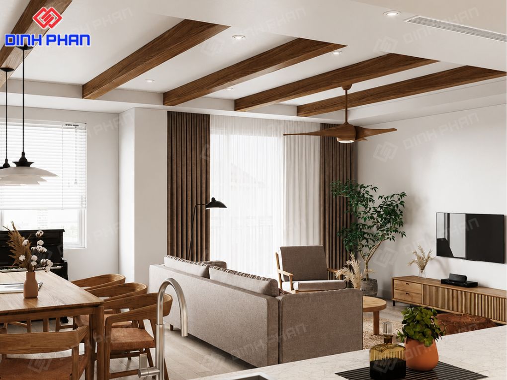 Thiết kế nội thất nhà Đắk Lắk đẹp, giá rẻ và phù hợp thực tế Phòng khách kết hợp bàn ăn với thiết kế mở, sử dụng chất liệu gỗ để tạo sự ấm cúng cho ngôi nhà