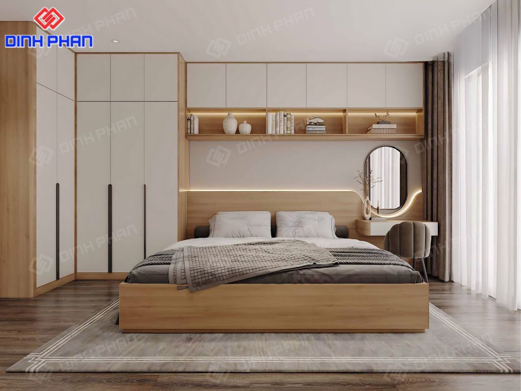 Thiết kế nội thất nhà Đắk Lắk đẹp, giá rẻ và phù hợp thực tế Phòng ngủ hiện đại với nội thất gỗ đồng bộ, bố cục gọn gàng và ánh sáng tự nhiên dễ chịu