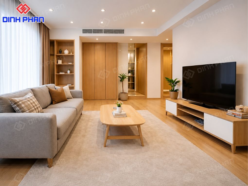 Thiết kế nội thất nhà Đắk Lắk đẹp, giá rẻ và phù hợp thực tế Phòng khách tối giản với gam màu sáng, thiết kế liền mạch giữa sofa, bàn trà và kệ tivi