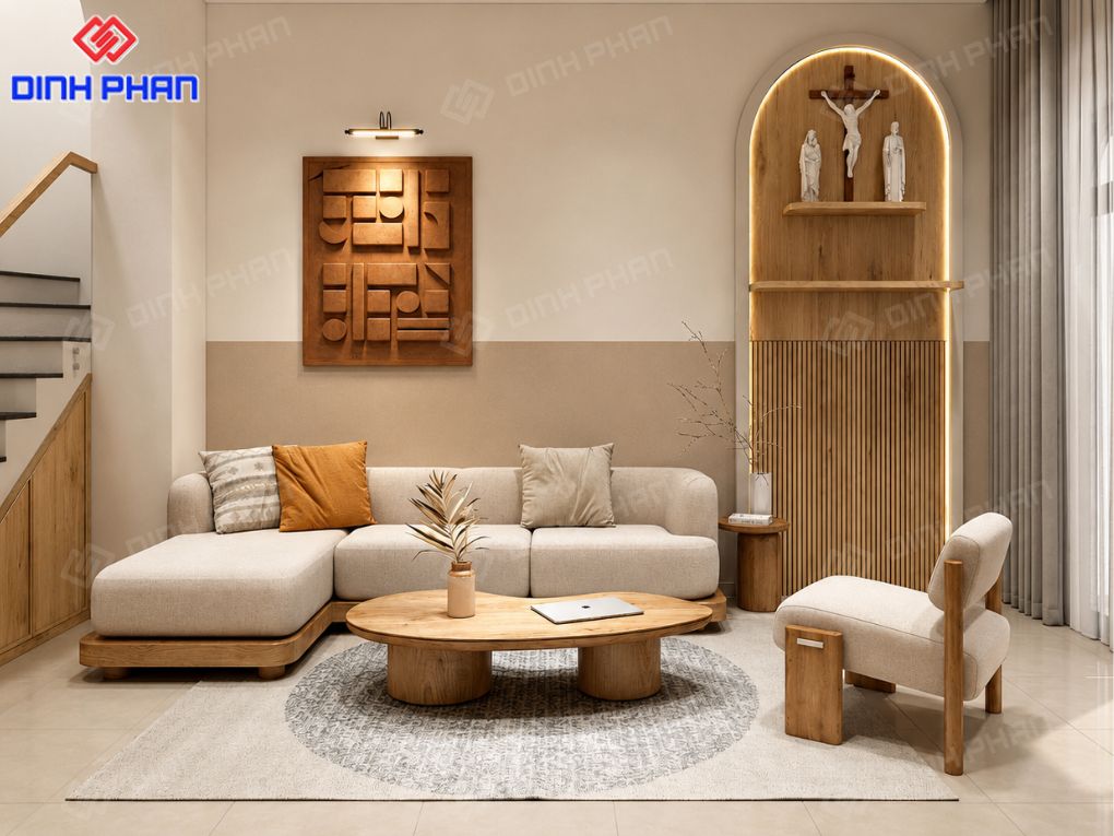 Thiết kế nội thất nhà Đắk Lắk đẹp, giá rẻ và phù hợp thực tế Phòng khách phong cách tối giản với nội thất gỗ ấm áp, tạo cảm giác gần gũi và tinh tế