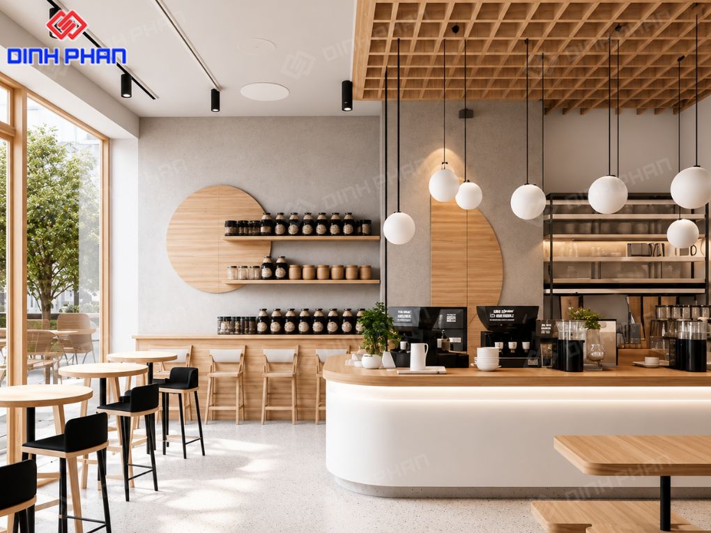 Không gian cafe sáng sủa, hiện đại với tông gỗ nhẹ và quầy bar bo cong nổi bật.