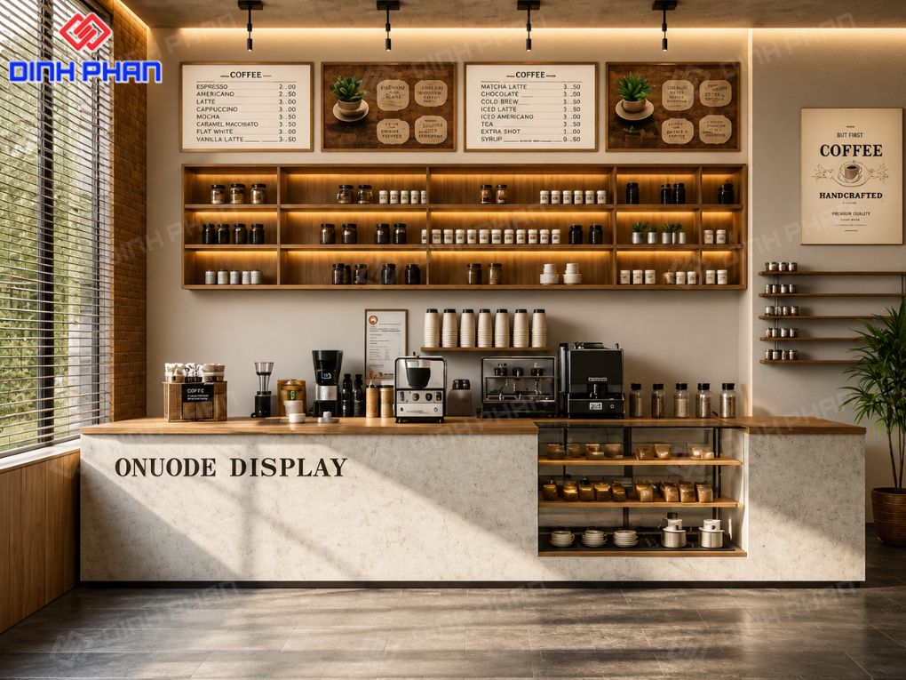 Không gian quầy cafe gọn gàng, hiện đại với ánh sáng ấm và hệ kệ trưng bày tinh tế.