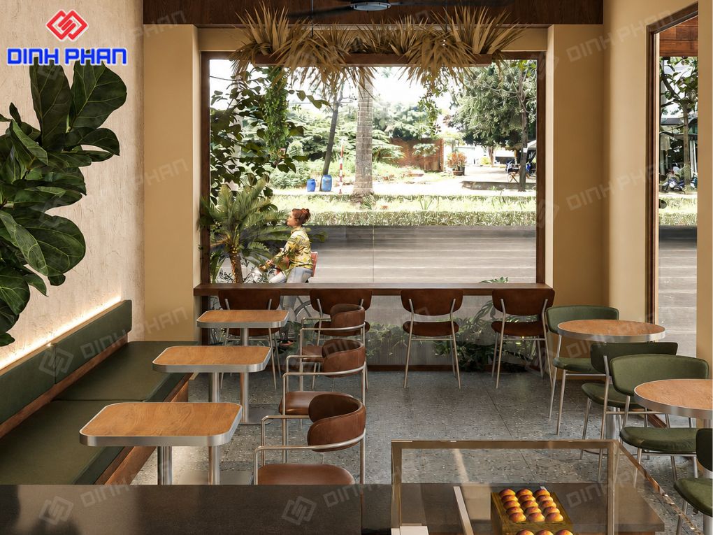 Không gian quán cafe gần gũi, thoáng sáng với nội thất gỗ