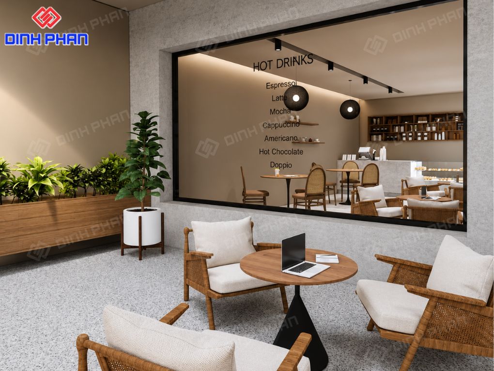 Trang trí quán cafe Đắk Lắk đẹp, ấn tượng và dễ hút khách Không gian quán cafe hiện đại, tinh tế với khu ngồi mở