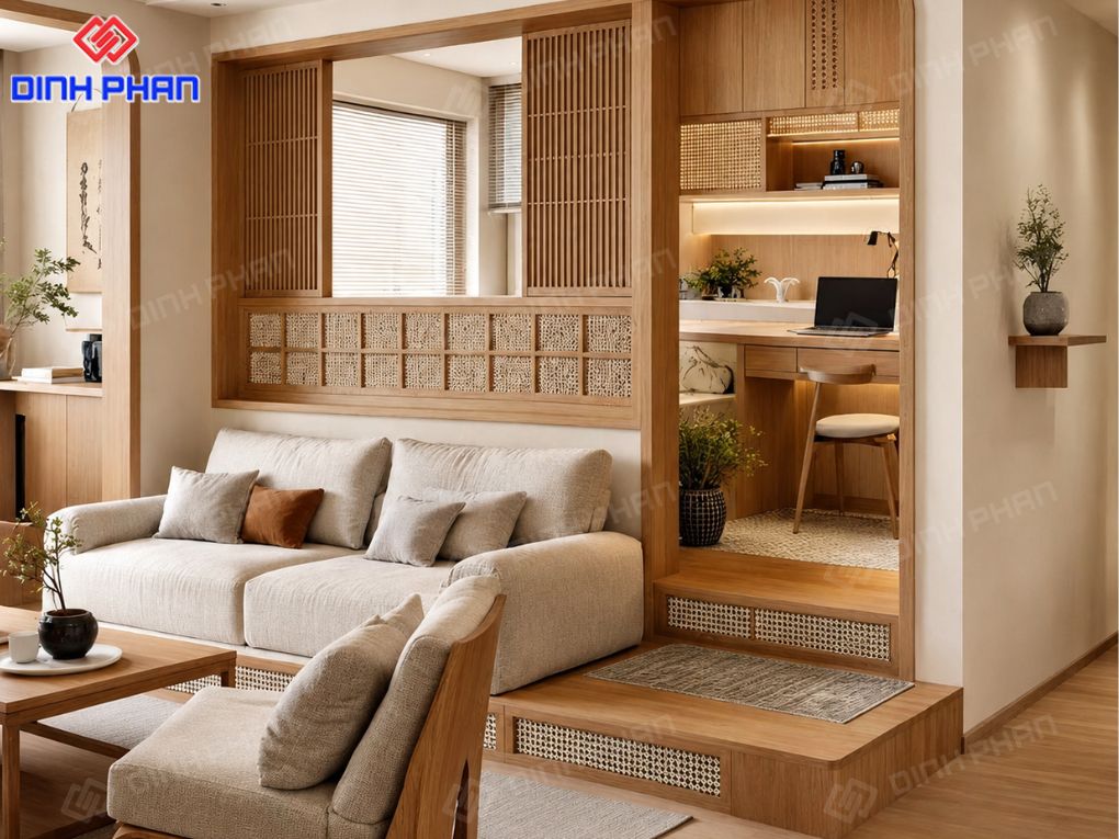 Xưởng nội thất Đắk Lắk rẻ, đẹp, chỉn chu Thiết kế nội thất phòng khách kết hợp góc làm việc hiện đại