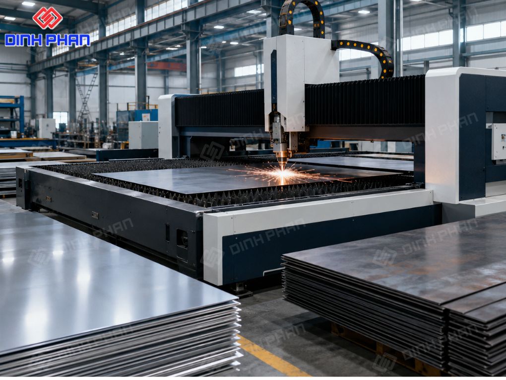 Máy cắt fiber công suất lớn đang gia công tấm kim loại trong xưởng, phù hợp sản xuất số lượng lớn.